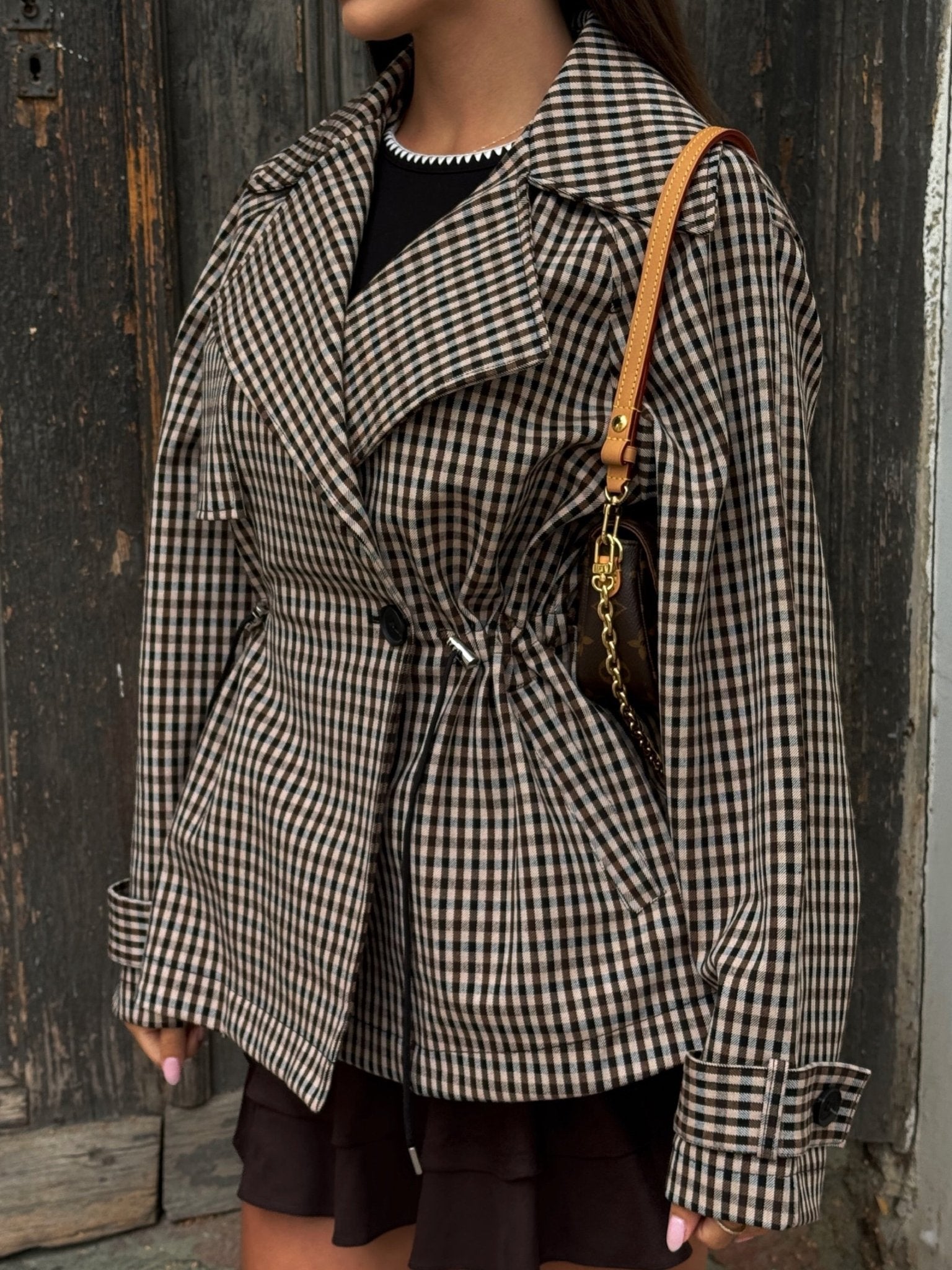 SOKYND Maria Drawstring Gingham Short Trench CoatSOKYND-115607-BEI-S-66775BeigeS
