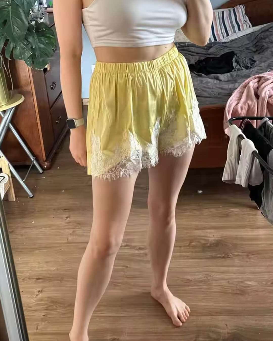 SOKYND Marigold Lace Patchwork Satin Shorts BottomsYellowL