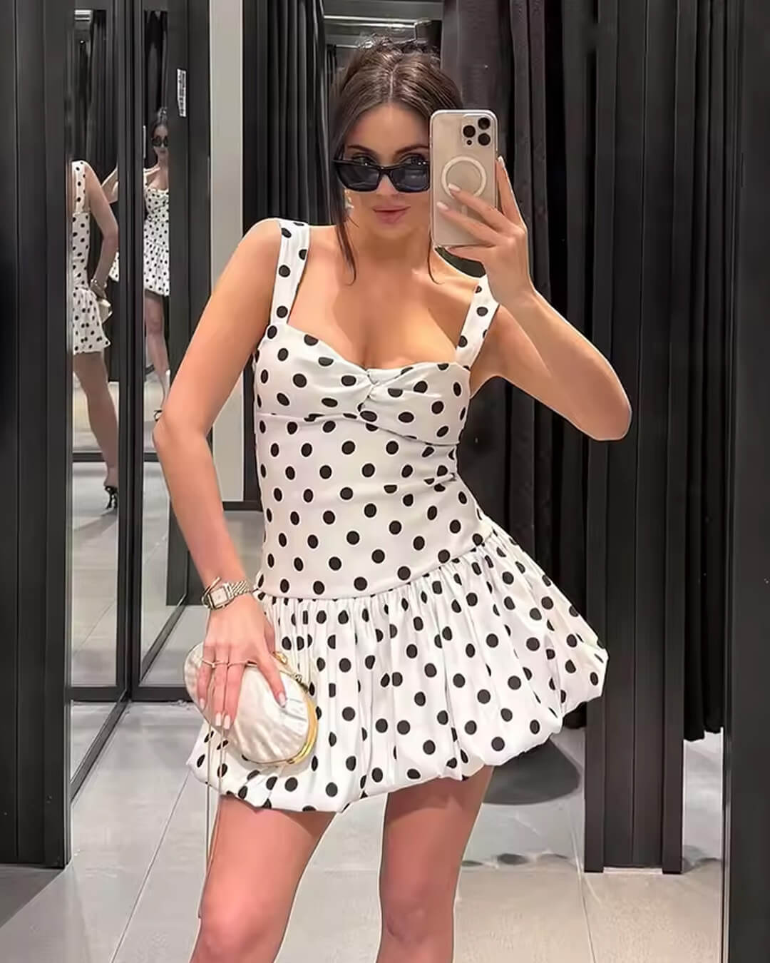 SOKYND Megan Polka Dot Balloon Mini Dress DressWhiteL