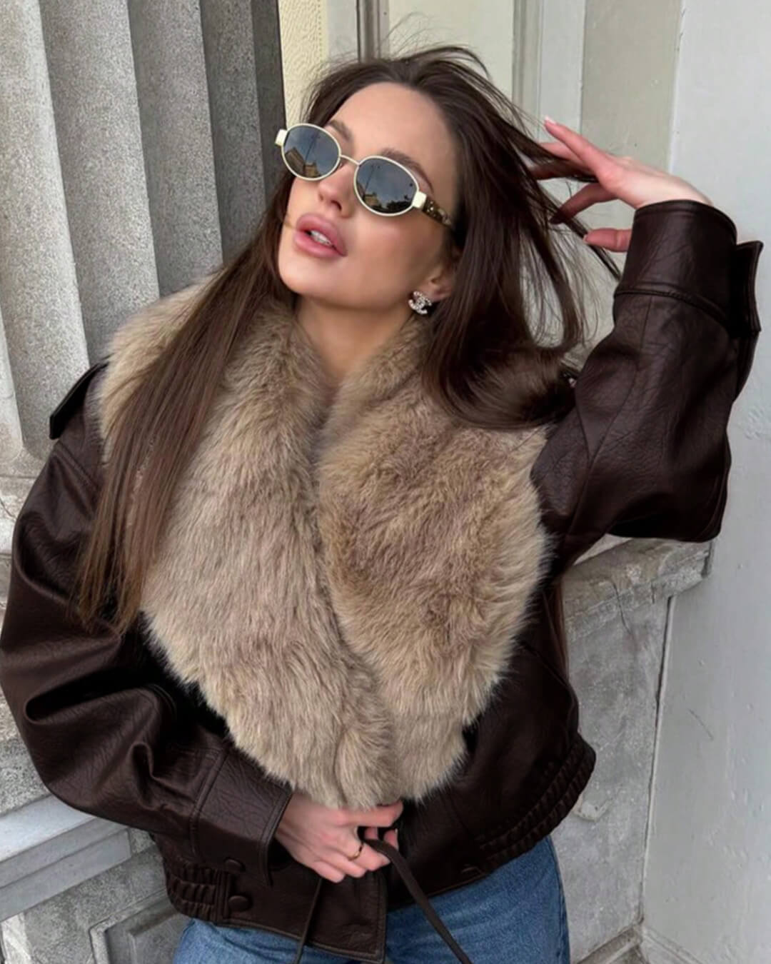 SOKYND Merriame Faux Leather Jacket with Detachable Fur Collar in Brown