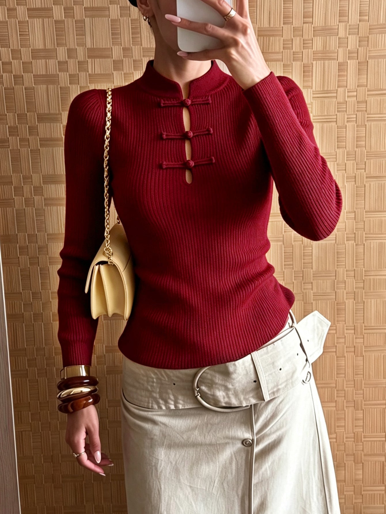 SOKYND Naomi Mandarin Collar Ribbed Knit Top TopSOKYND-389463-RED-XS-89751RedXS