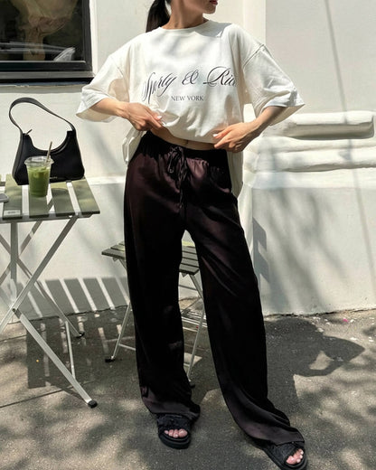 SOKYND Paige High Waist Satin Wide Leg Trousers BottomsBrownM