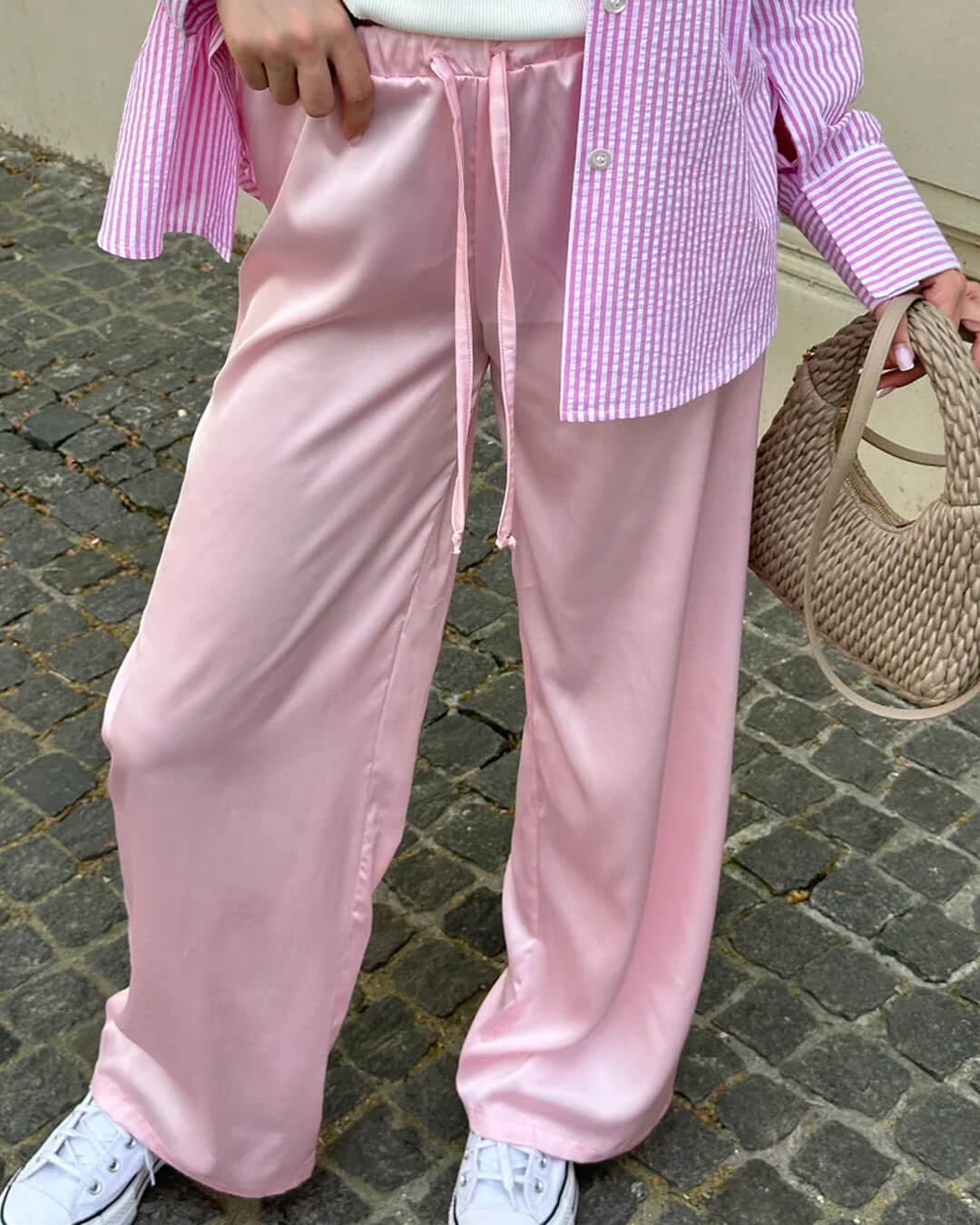 SOKYND Paige High Waist Satin Wide Leg Trousers BottomsPinkM