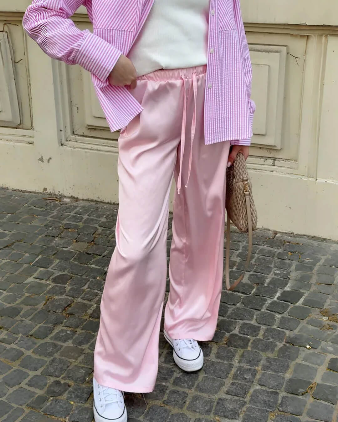 SOKYND Paige High Waist Satin Wide Leg Trousers BottomsPinkS