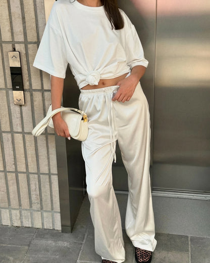 SOKYND Paige High Waist Satin Wide Leg Trousers BottomsWhiteS