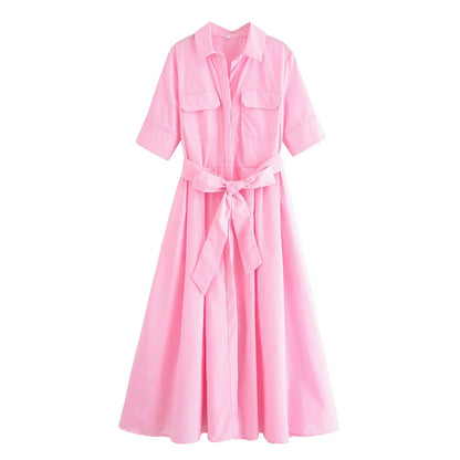 SOKYND Paloma Belted Shirt Midi Dress DressPinkXS