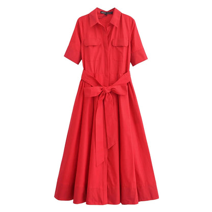 SOKYND Paloma Belted Shirt Midi Dress DressRedXS