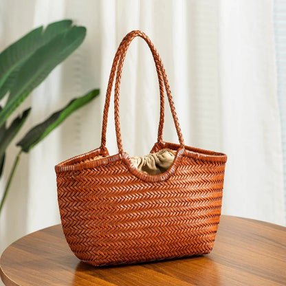 SOKYND Petra Handwoven Leather Tote Bag BagsBrownL