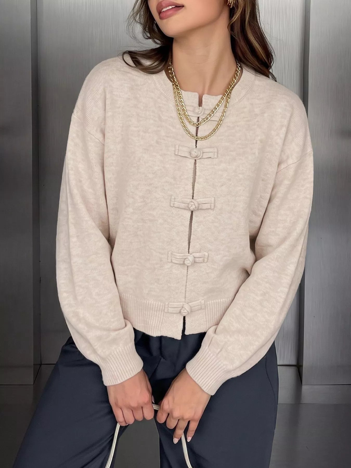 SOKYND Sara Frog Knots Knitted Cardigan CardiganSOKYND-490071-GRE-S-97591GreyS
