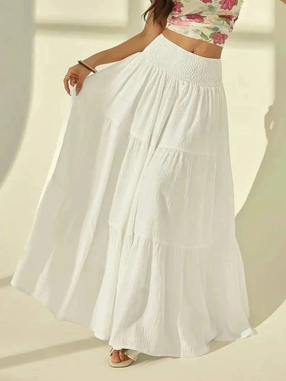 SOKYND Sienna Tiered Maxi Skirt Elastic Waist BottomsWhiteL