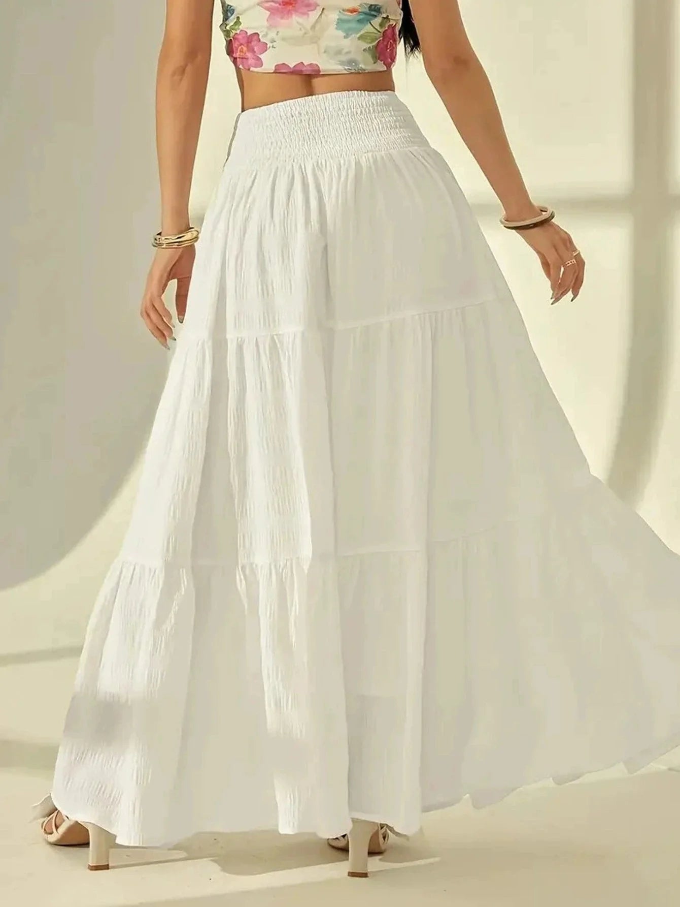 SOKYND Sienna Tiered Maxi Skirt Elastic Waist BottomsWhiteM