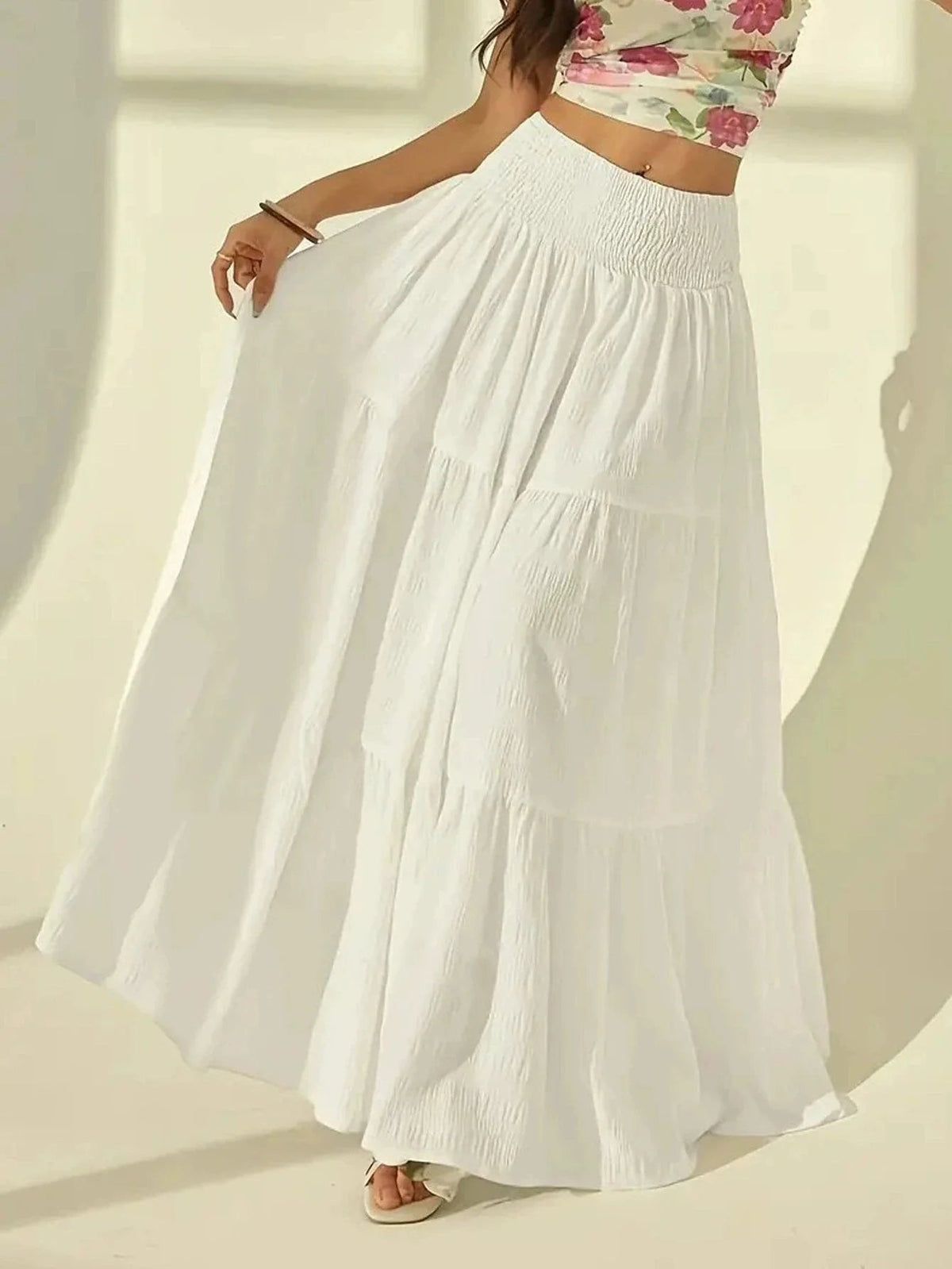 SOKYND Sienna Tiered Maxi Skirt Elastic Waist BottomsSOKYND-714903-WHI-S-59447WhiteS