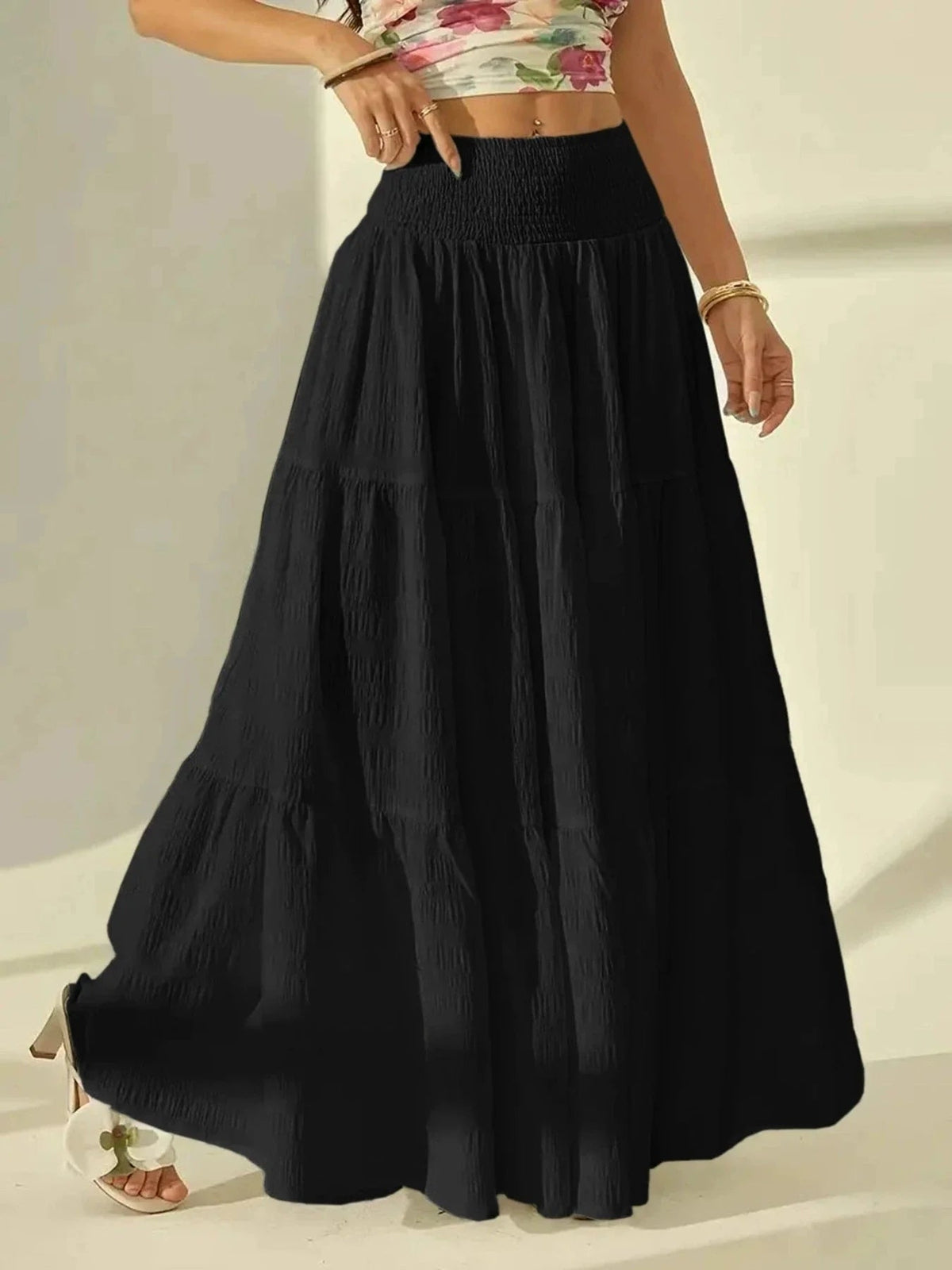 SOKYND Sienna Tiered Maxi Skirt Elastic Waist BottomsSOKYND-714903-WHI-S-59447WhiteS