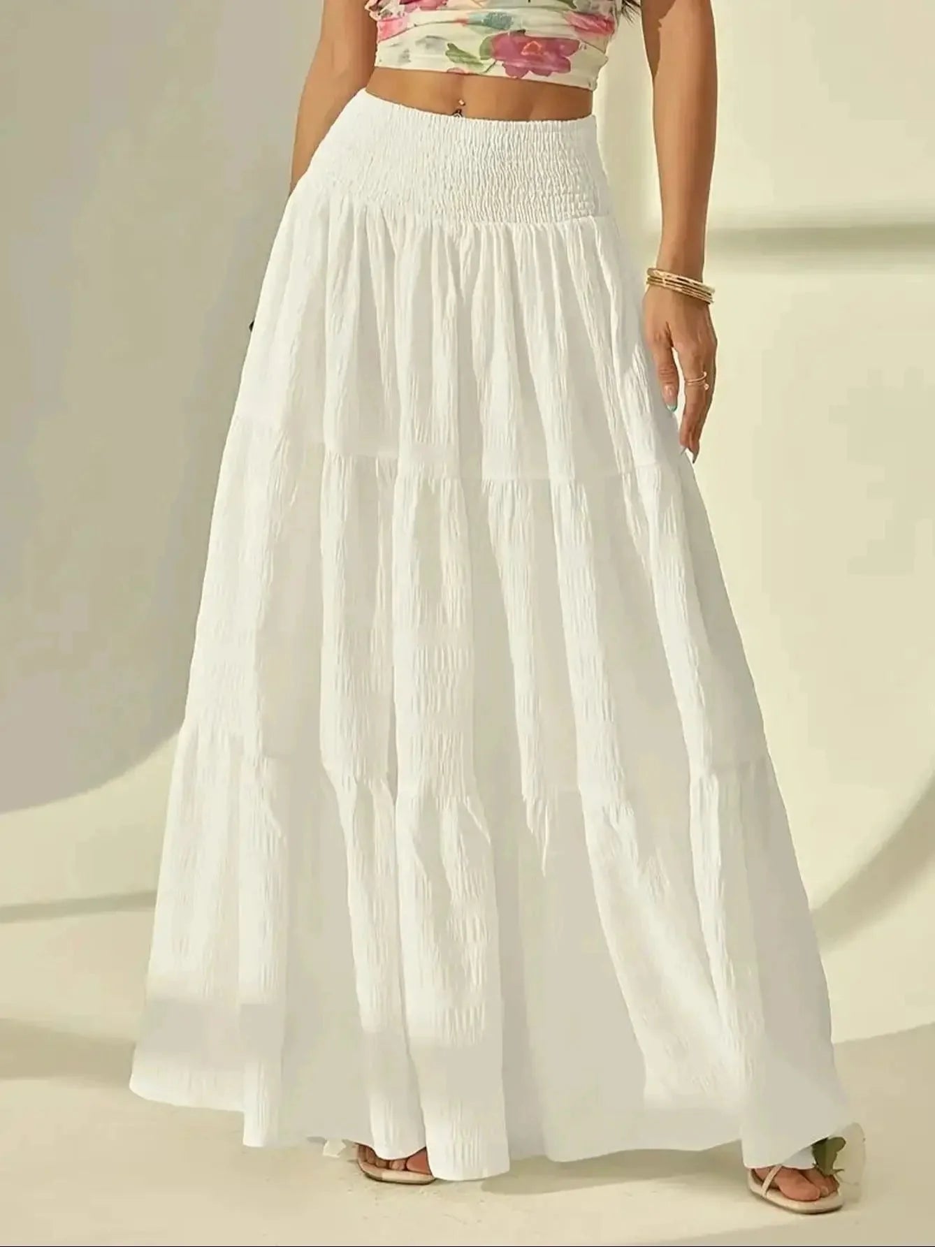 SOKYND Sienna Tiered Maxi Skirt Elastic Waist BottomsWhiteXL