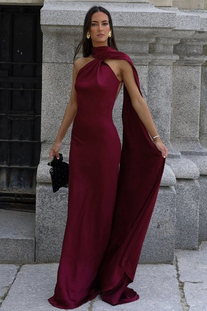 SOKYND Tirzah Satin Halter Cape Dress DressBurgundyM