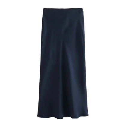 SOKYND Yui High Waist Black Satin Midi Skirt SkirtNavy BlueXS